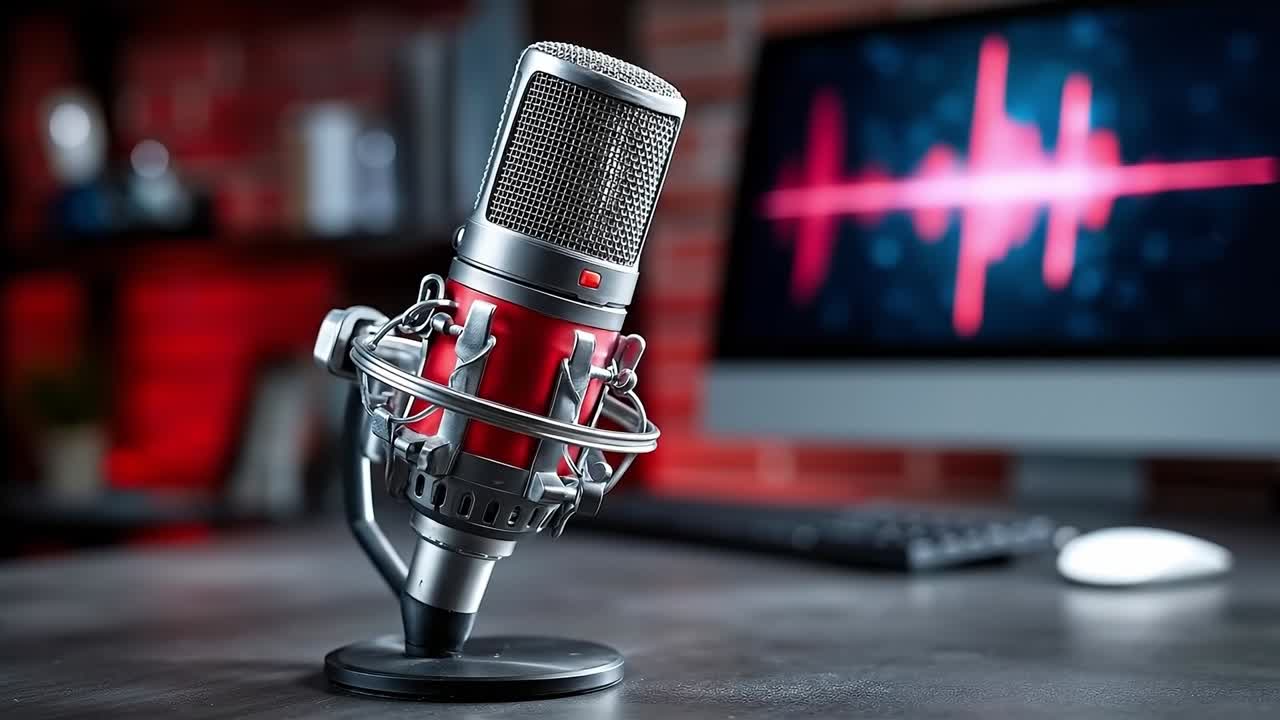 A microphone sitting on top of a desk next to a computer