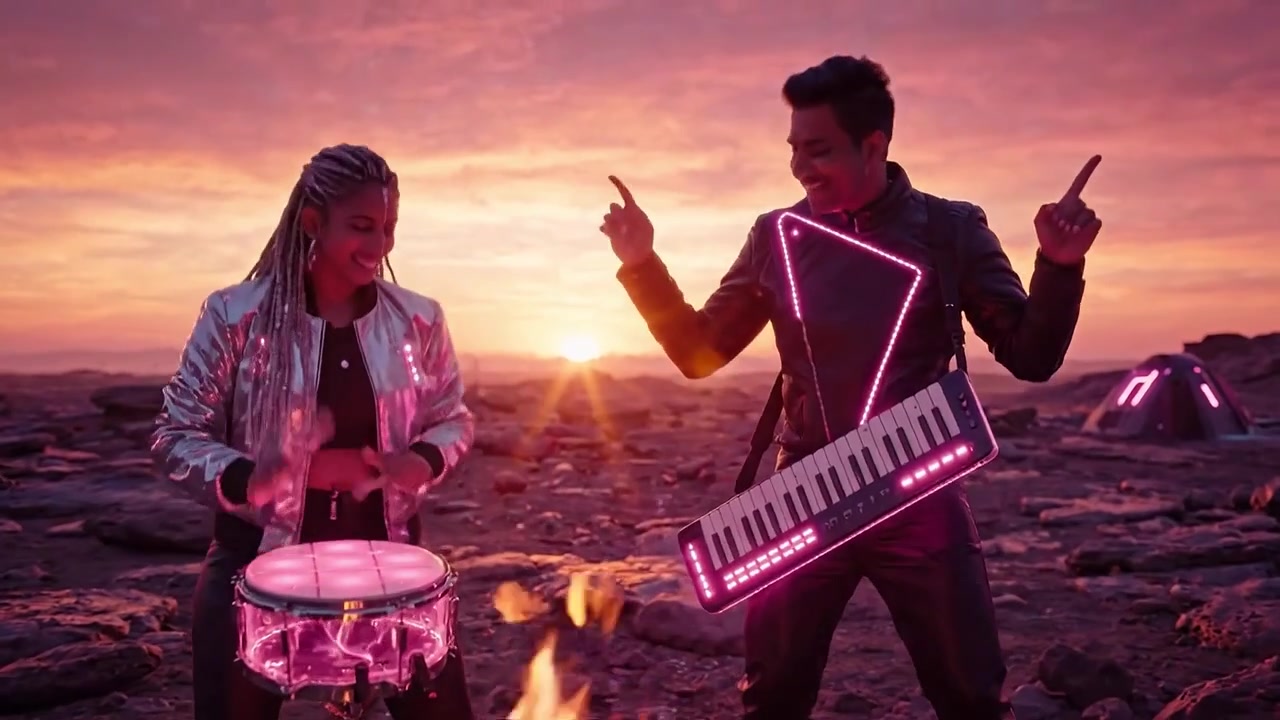 Un duo vivace crea ritmi accattivanti attorno a un falò ipnotizzante sullo sfondo di un tramonto mozzafiato, mostrando energia e sinergia musicale in un'ambientazione unica.