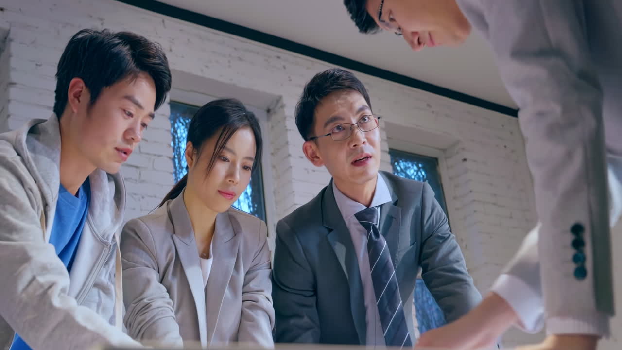 Discussion corporate architecture teamwork reviewing blueprints project, floor plan engineering construction office. Business diversity professional worker group collaboration meeting for drawing idea