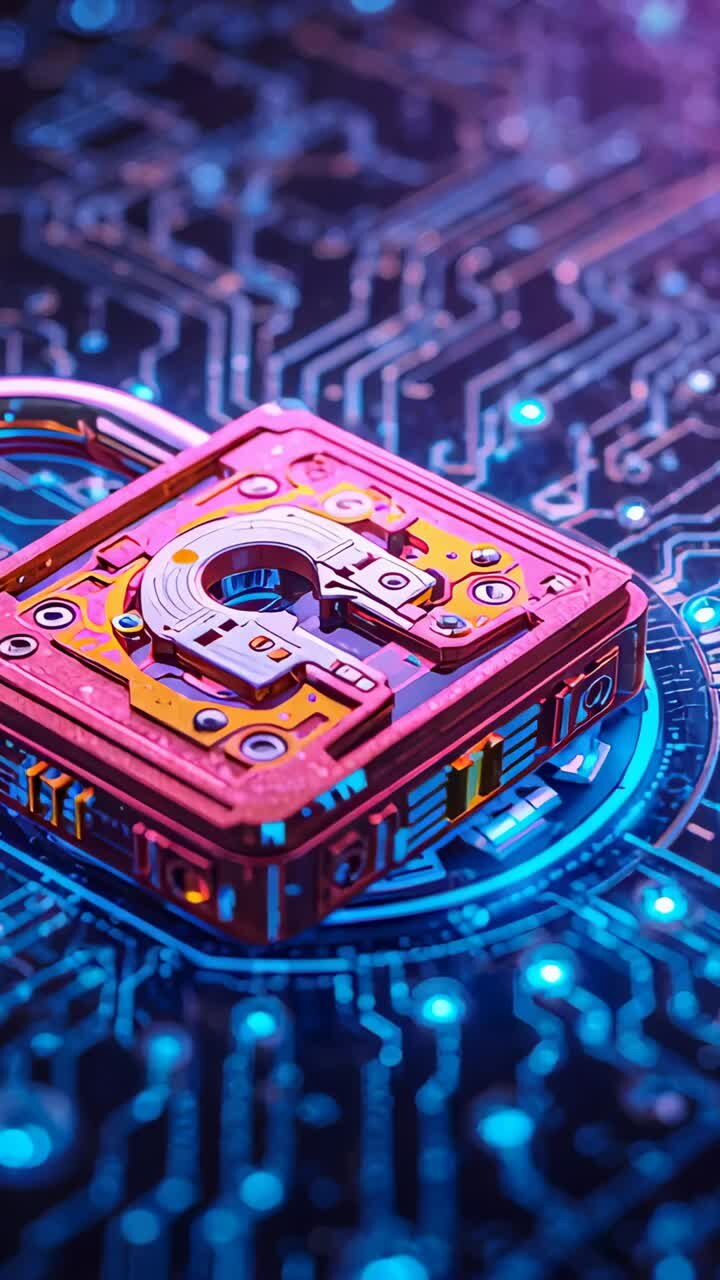 Vertical video: Approaching camera revealing pink padlock on PCB, panning and focusing on shackle