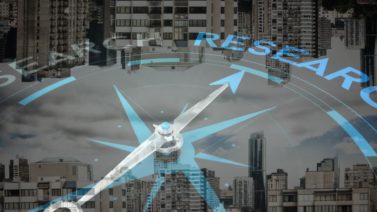 Compass and RESEARCH text animation over urban cityscape with skyscrapers