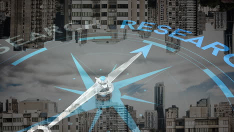 compass and research text animation over urban cityscape with skyscrapers