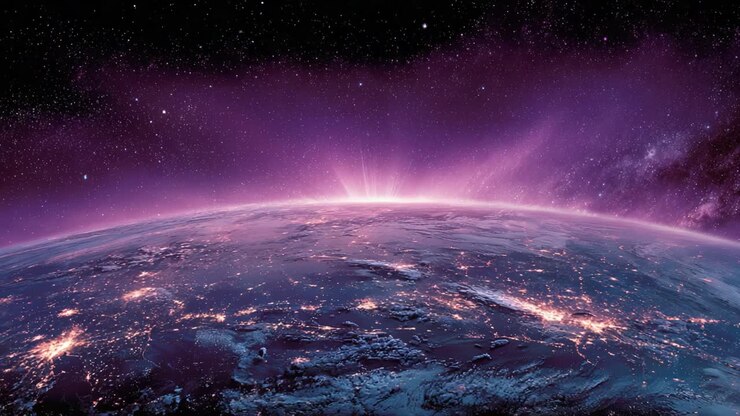 Eine atemberaubende Perspektive der Erde, umgeben von kosmischer Schönheit: Erlebe den faszinierenden Tanz des Lichts vom Rande unseres Planeten vor der sternenklaren Weite