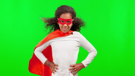 happy, face and a superhero girl on a green screen