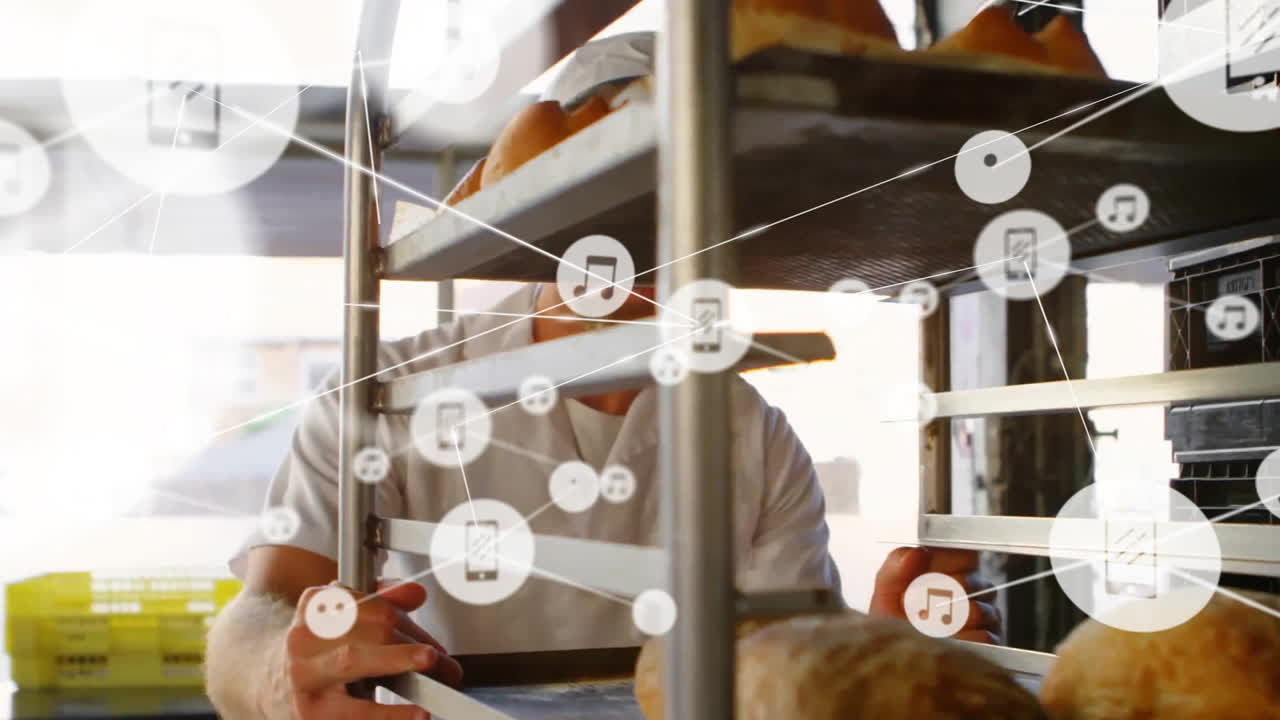 백인 남성 베이커가 을 들고 는 연결망의 애니메이션