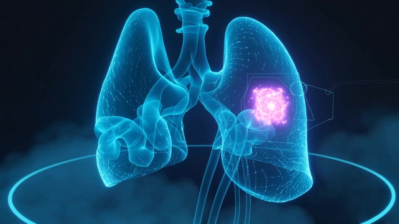 Visualizzazione di polmoni olografici che mostrano una lesione pulsante del polmone destro su una piattaforma, con cannula mirata