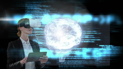 digital composite video of business woman using virtual reality headset 4k