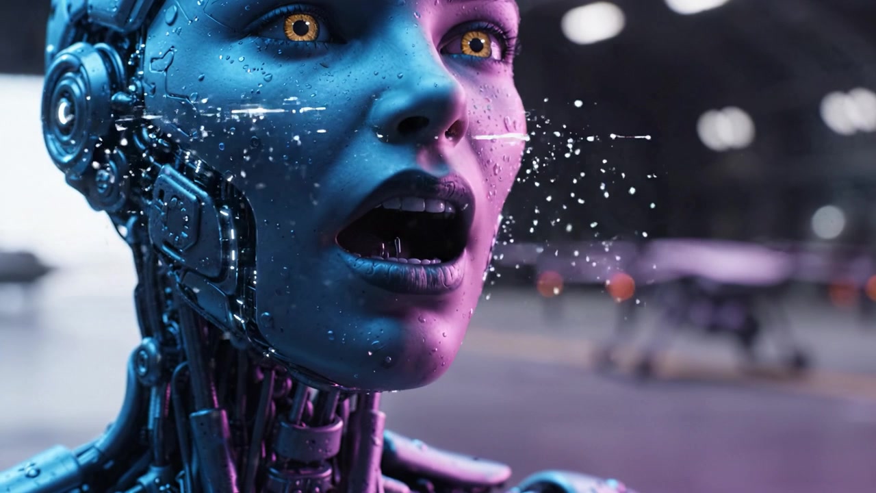 Essere cibernetico futuristico che emette goccioline d'acqua e occhi luminosi, catturato in un ambiente ad alta tecnologia con un'estetica neon unica.