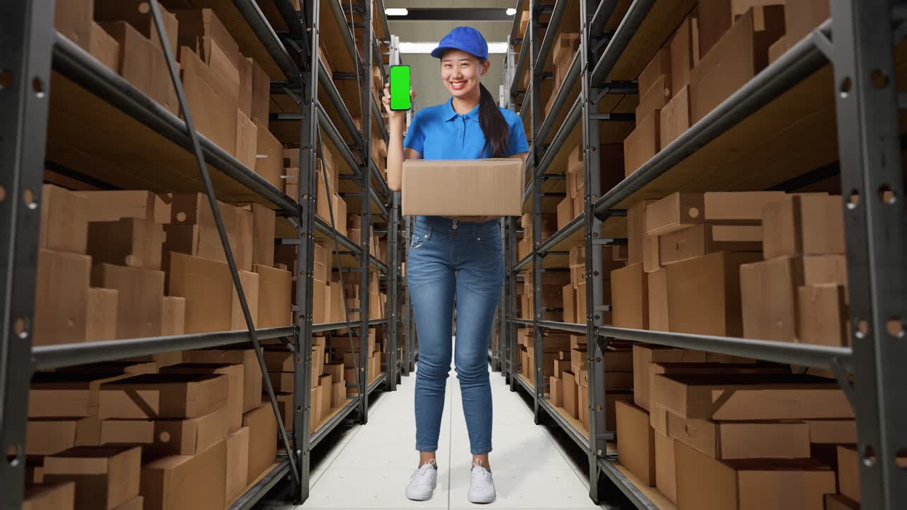 cuerpo lleno de mensajero femenino asiático en uniforme azul sonriendo y mostrando pantalla verde teléfono inteligente mientras entrega una caja en el almacén