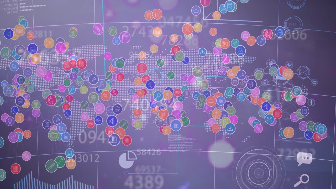 보라색 바탕에 아이콘을 가진 연결 네트워크를 통해 데이터 처리의 애니메이션