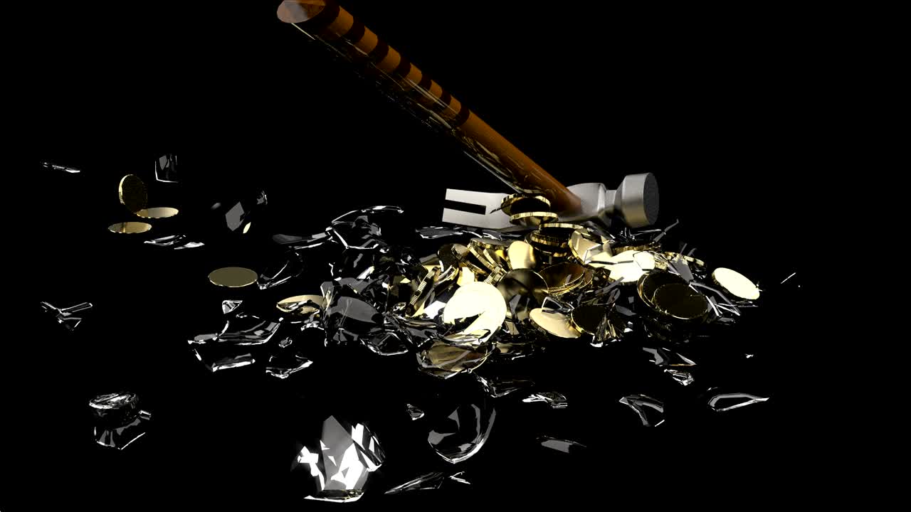 귀여운 유리 돼지 은행, 돈을 절약, 돈 상자, 철 망치, 작은 조각으로 금 동전이있는 유리 돼지를 깨뜨립니다.