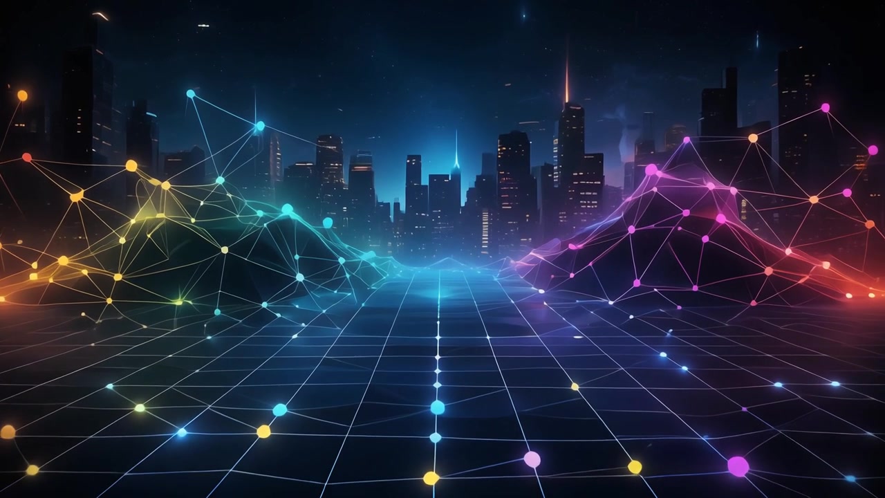 Paesaggio urbano digitale futuristico con nodi di rete luminosi e griglia di dati