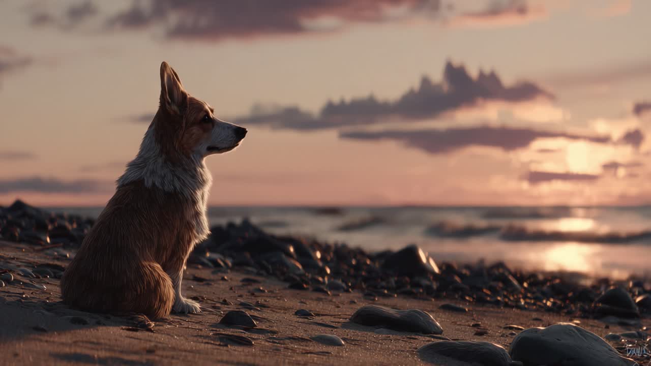 Un corgi contemplativo osserva un tranquillo tramonto sull'oceano, catturando un momento sereno in cui natura e compagnia si intrecciano splendidamente.