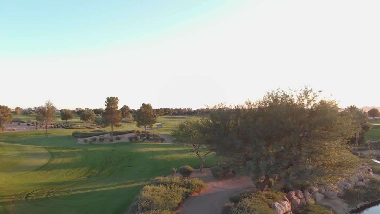 Drone footage from a golf course near a residential neighborhood in Arizona