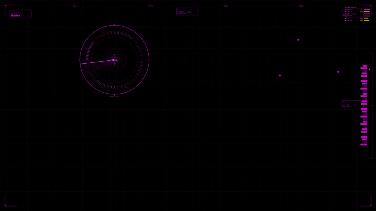A hud animation is displayed on a black background. It shows data points and circular graphs designed for a web designers project in a sci fi space setting