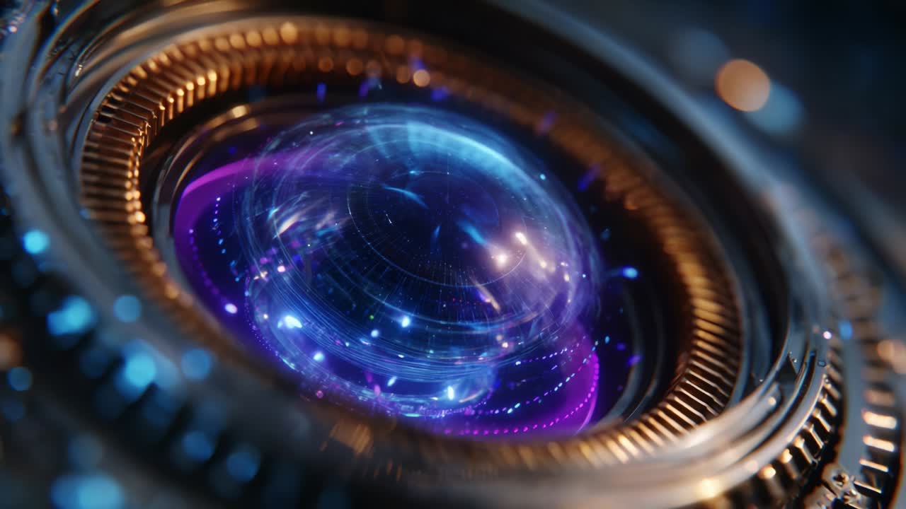 A Stunning Close-Up of a Futuristic Lens: Revealing a Mesmerizing Shimmering Depth with Swirling Cosmic Patterns and Electric Colors Embedded in a State-of-the-Art Apparatus