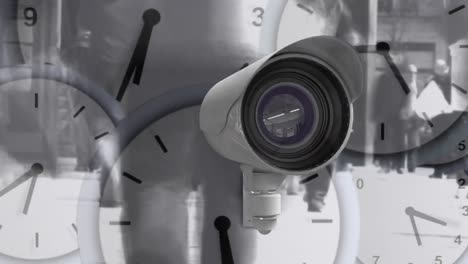 Animation-of-clocks-moving-fast,-cameras-recording-and-busy-city-street-in-the-background.-
