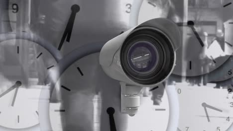 animation of clocks moving fast, cameras recording and busy city street in the background.