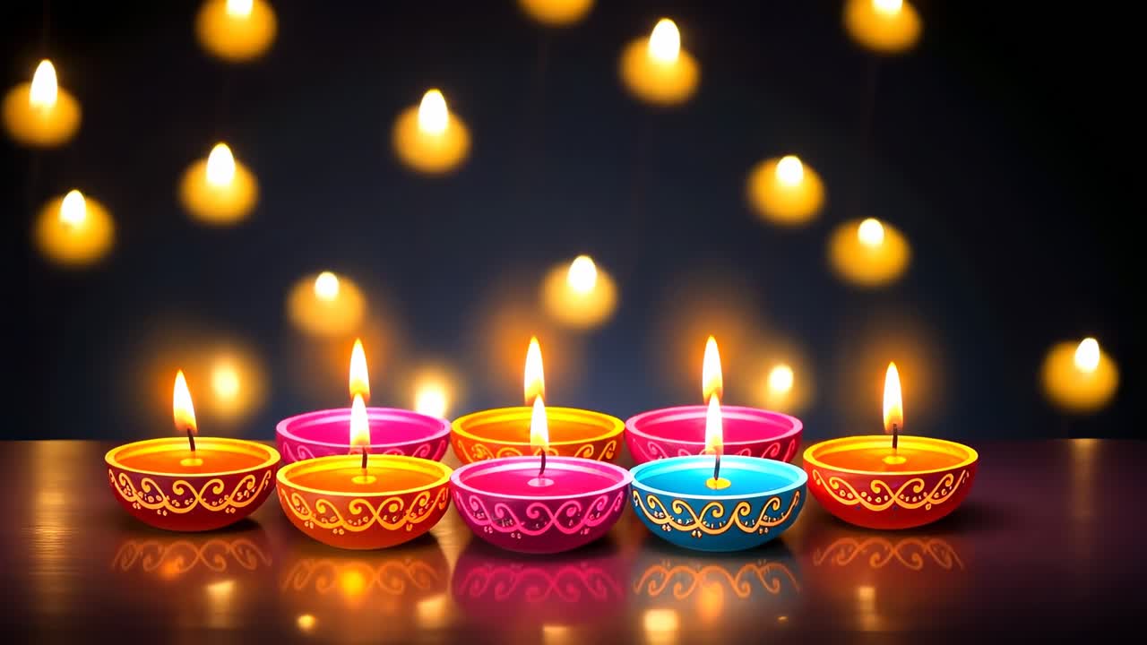 Video vivace che mostra colorate diya di Diwali su una superficie riflettente, ripreso da un'angolazione bassa