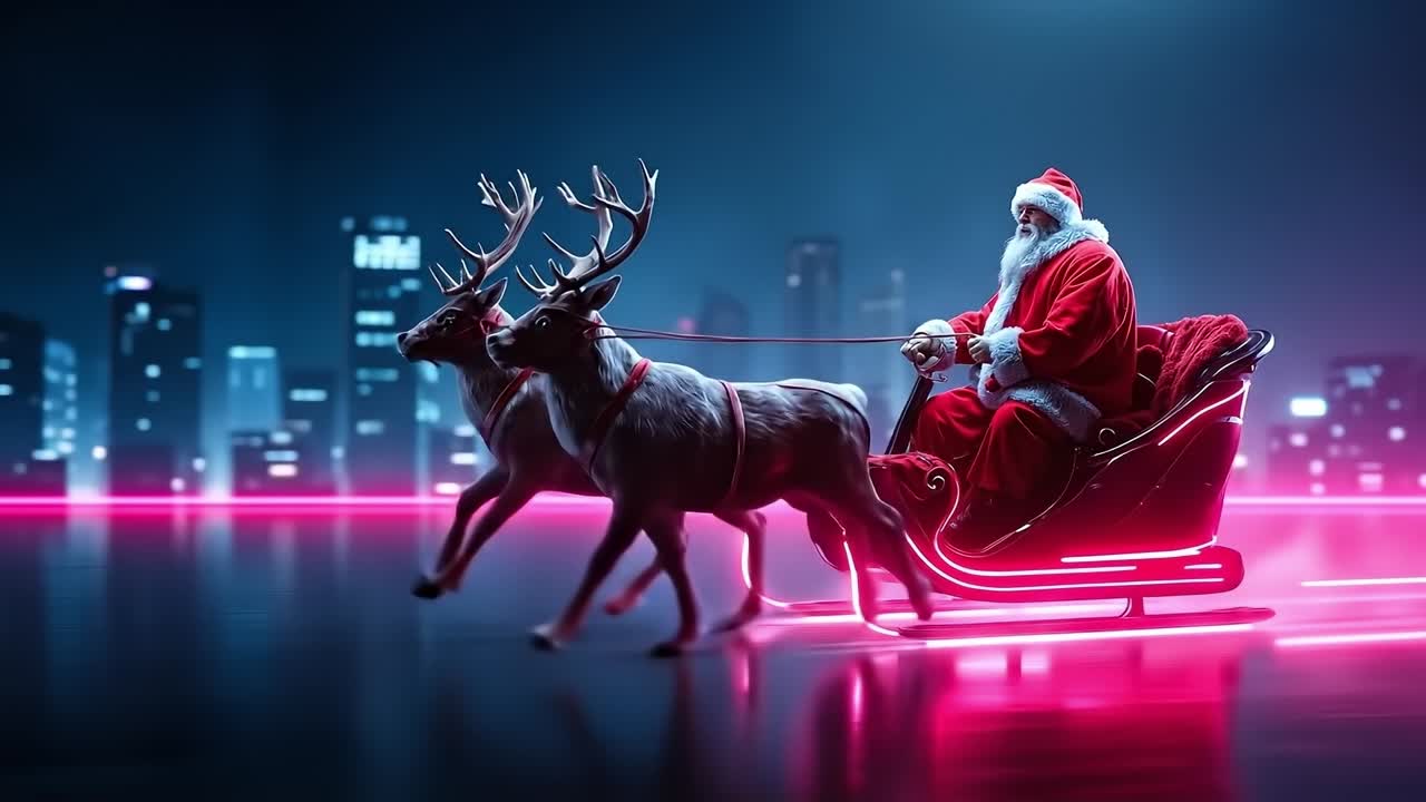 Santa claus and his reindeer sleigh ride through the city at night