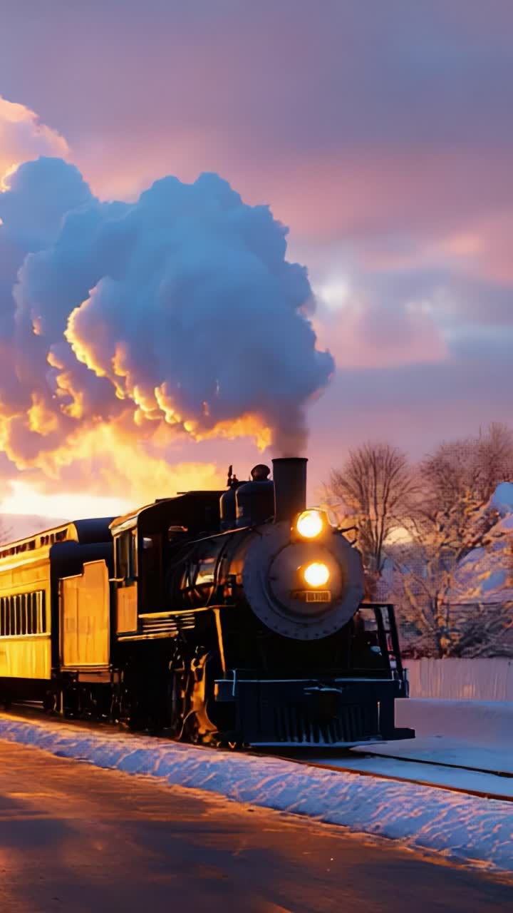 A Majestic Vintage Steam Train Journey Through Snowy Landscapes at Sunset, Surrounded by Dramatic Skies and Evocative Clouds, Defined by the Warm Glow of the Sun Setting on the Horizon