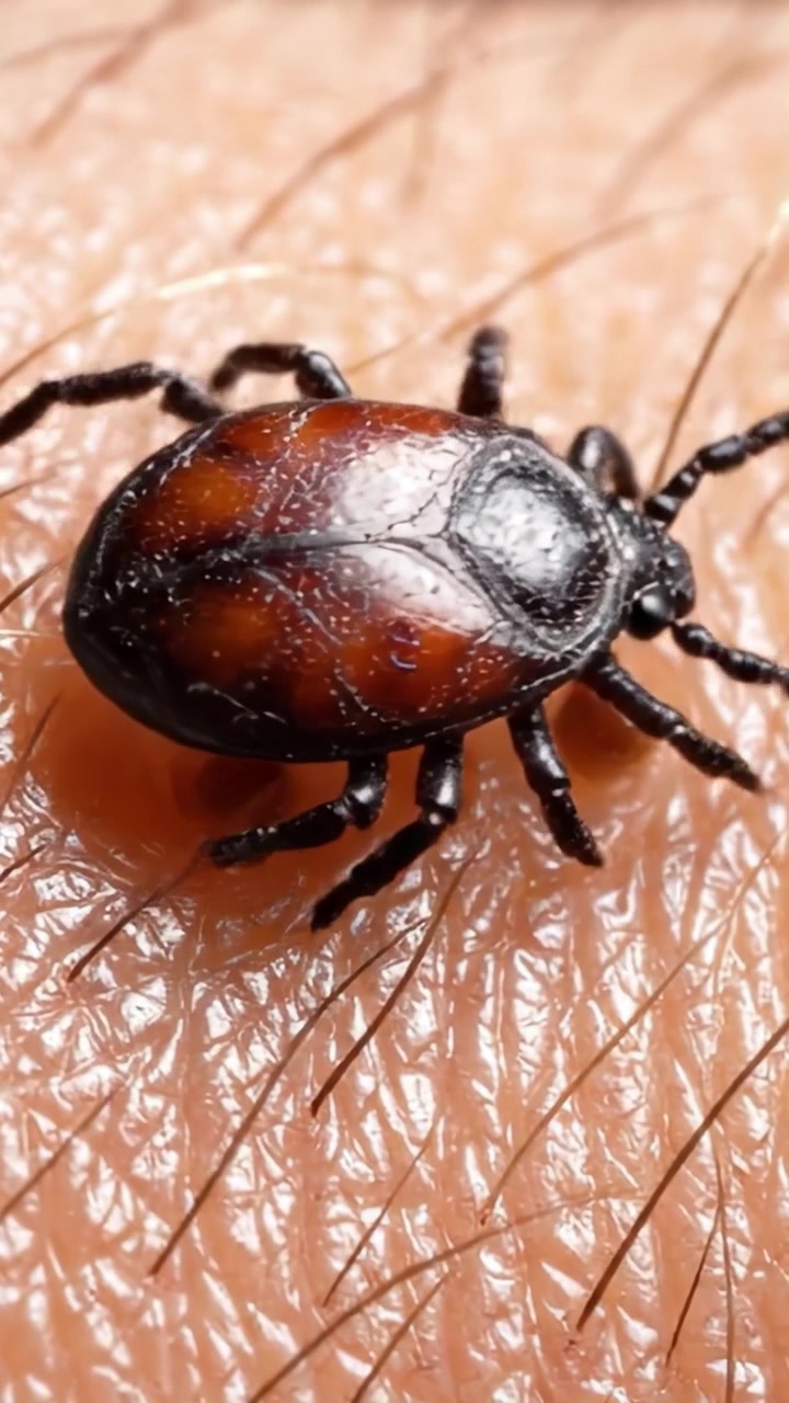Un esame ravvicinato di una zecca che si conficca nella pelle, evidenziando le sue caratteristiche distintive e le interazioni con il derma dell'ospite