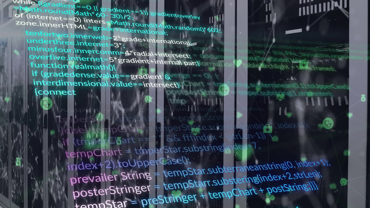 Animation of computer language over connected dots on data server systems in server room