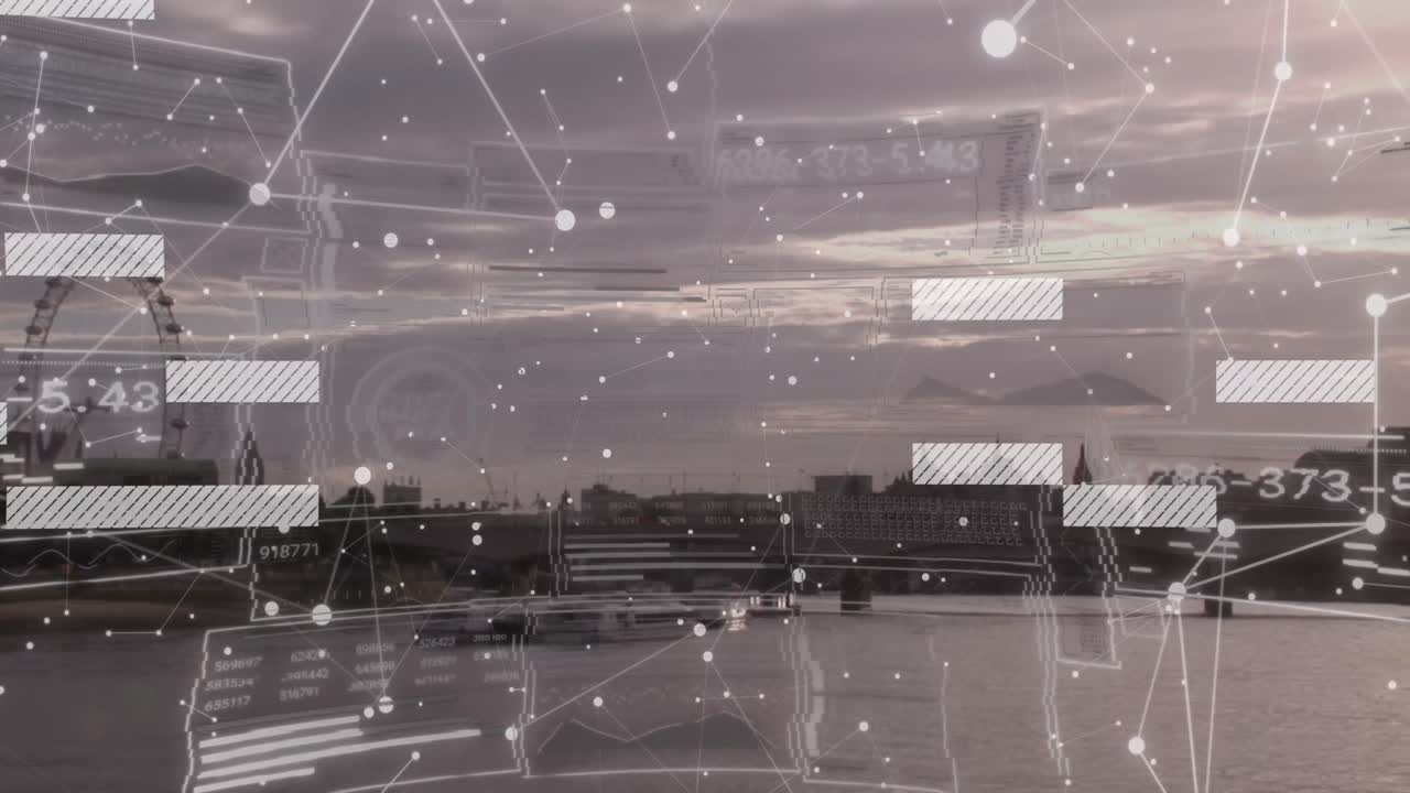 런던 시내 풍경에서 금융 데이터 처리의 애니메이션