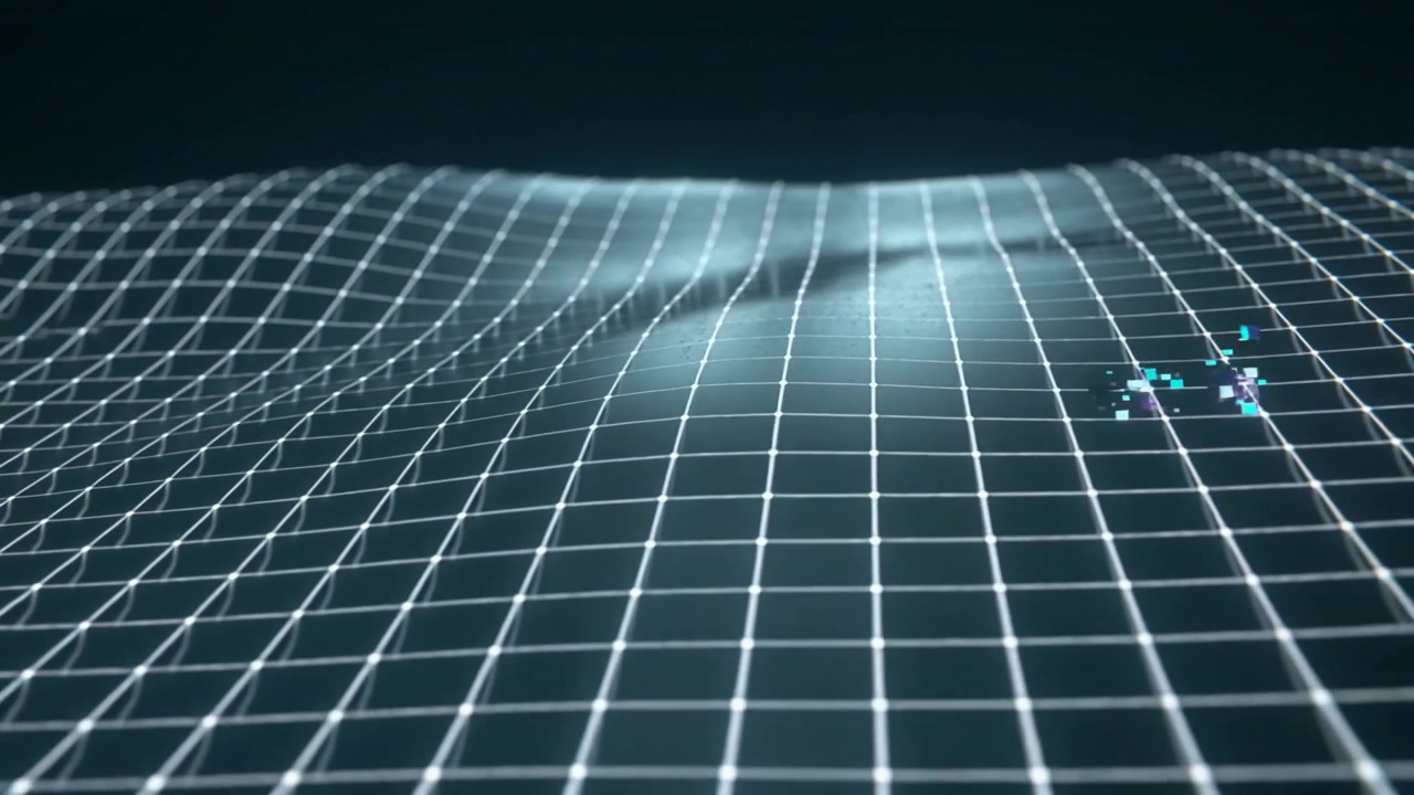 Undulating wireframe grid forming waves in dark void, data pulse spawning cyan clusters spreading