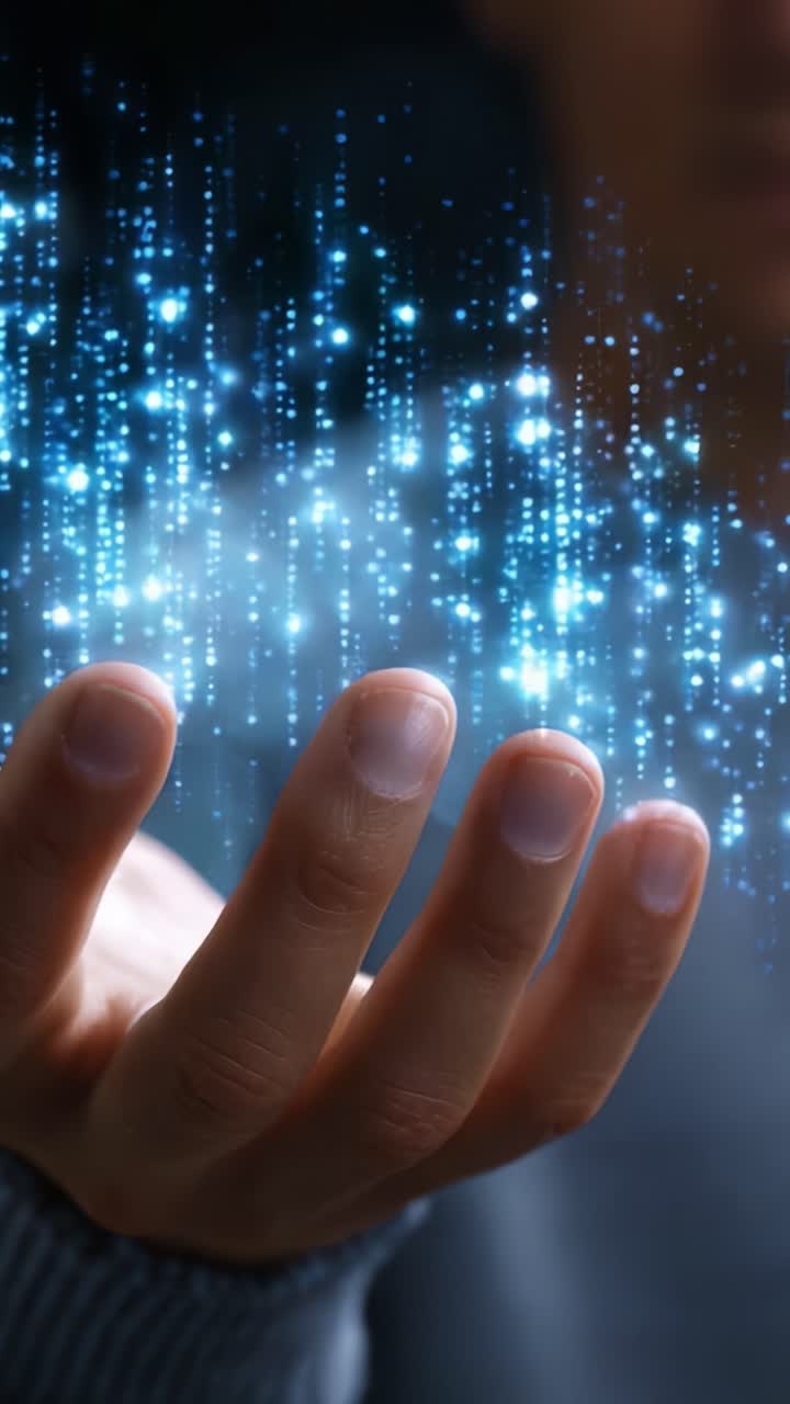 A person reaches out with an open hand, surrounded by cascading streams of shimmering blue digital light in a darkened environment, suggesting technology, innovation, and creativity