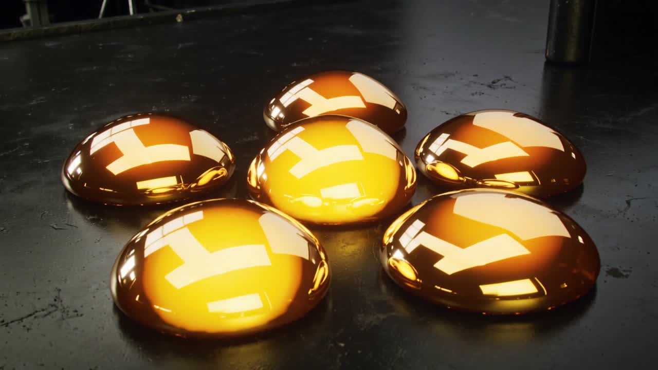 Sei goccioline ambrate che si appiattiscono unendosi su un tavolo di metallo scuro, toccando i bordi e formando una pozzanghera