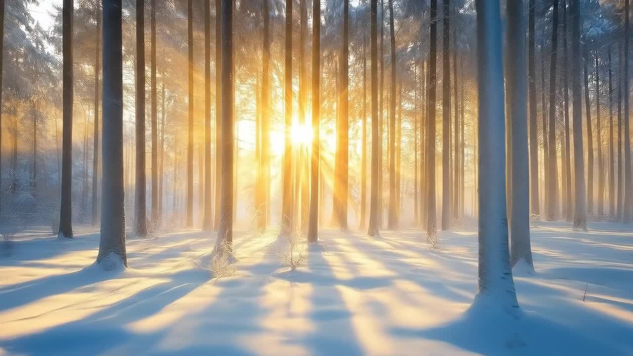 Solopgang gennem snedækkede skovtræer, lav engel, rolig og fredfyldt, perfekt til video