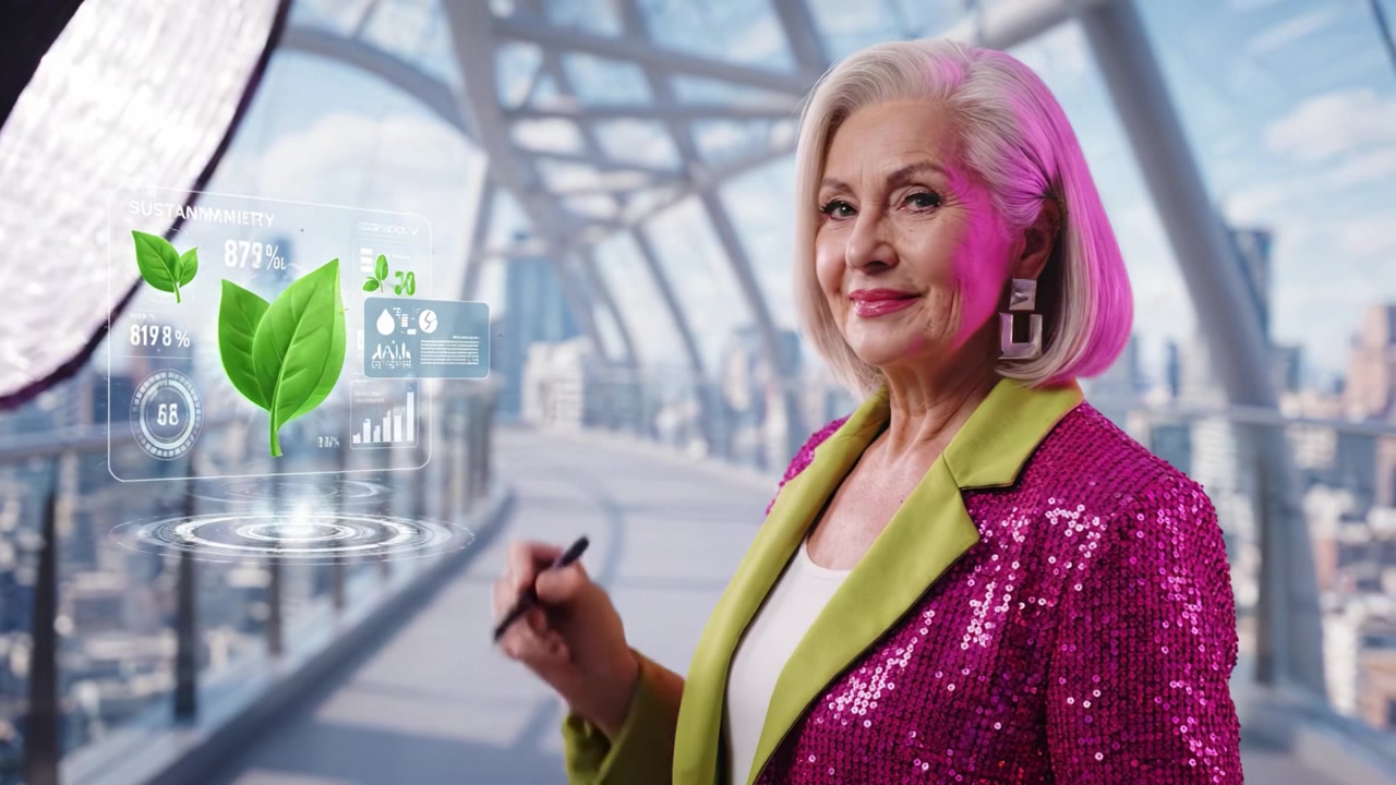 Elegant senior woman with vibrant pink hair and sequined jacket, poised in a modern setting, showcasing confidence and style while holding a pen in a dynamic pose.