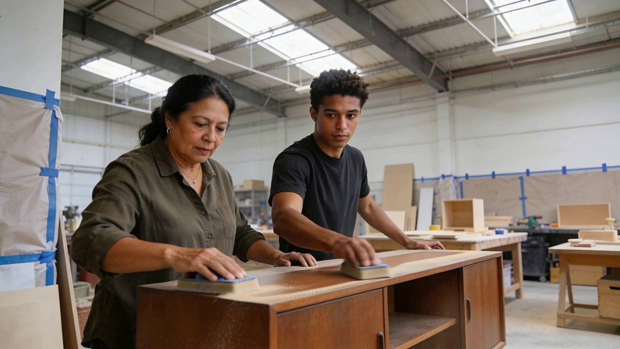 Grabbing sanding blocks woman in olive top guiding trainee both sanding cabinet at shop