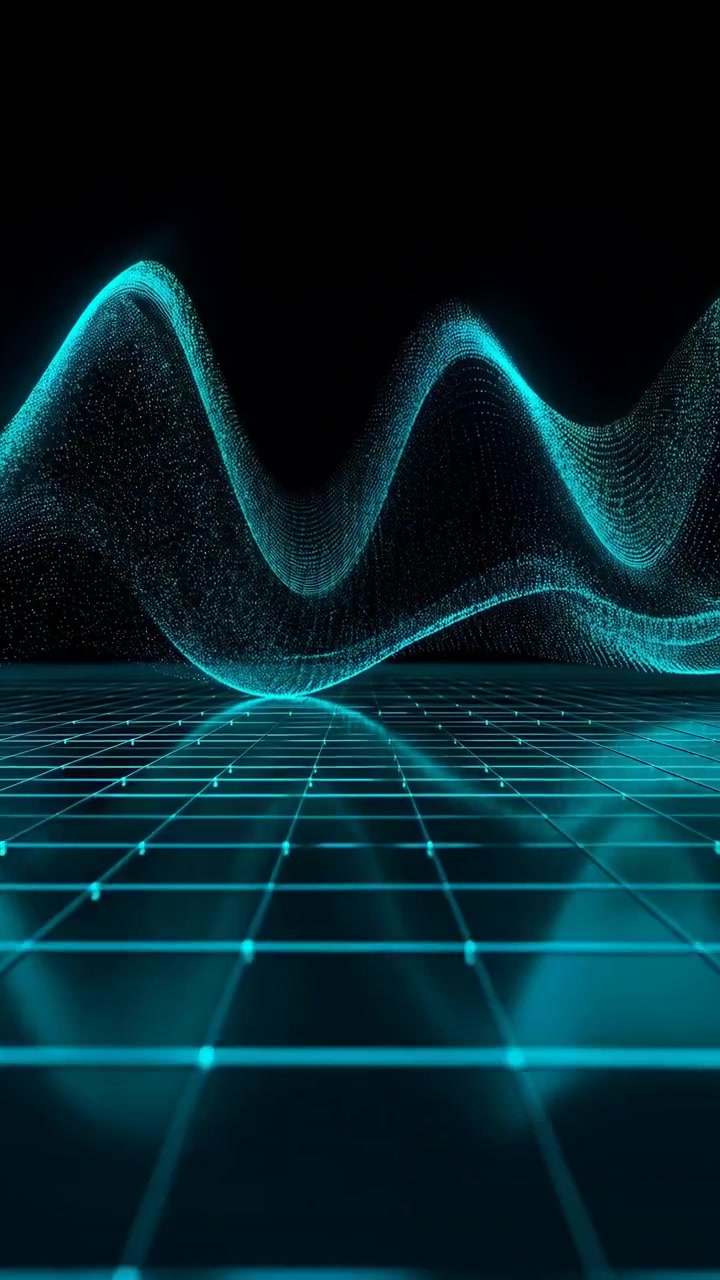 Luminous turquoise point cloud forms flowing wave peaks above geometric grid floor, growing larger toward foreground while fine dotted curves sweep across deep black background.