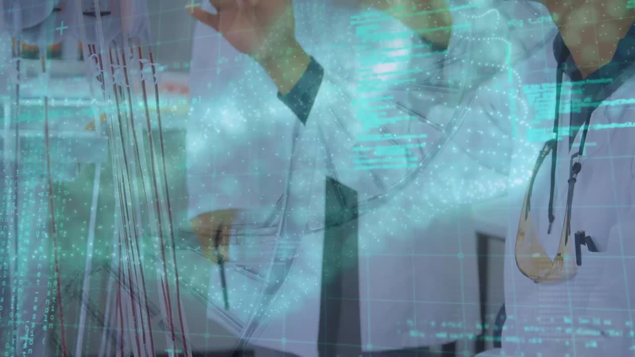 실험실에서 다양한 과학자들에 대한 dna  ⁇ 의 애니메이션과 데이터 처리