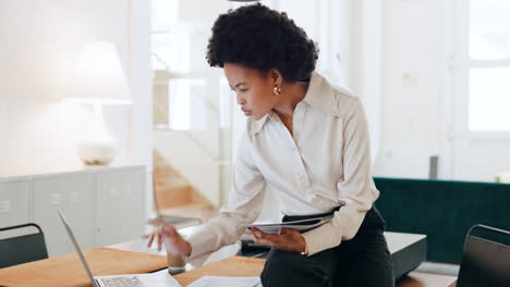 Laptop, portfolio and business woman with analysis