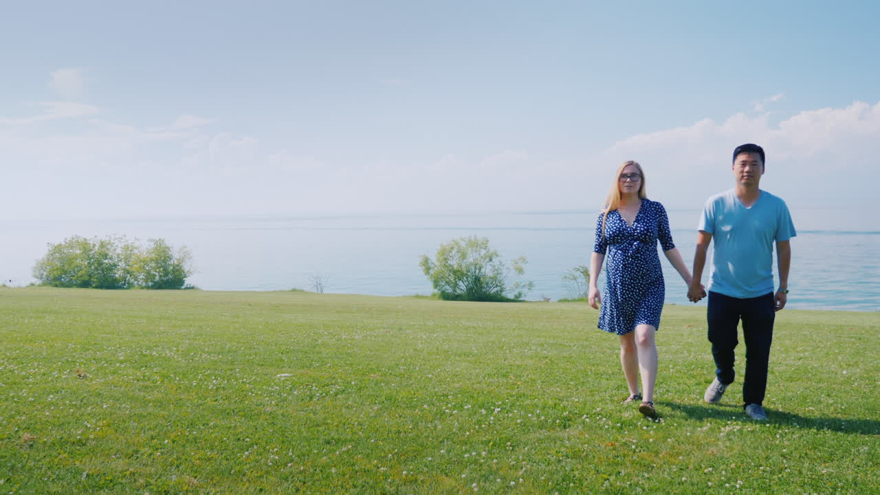 녹색 초원을 따라 걷는 젊은 다민족 부부는 아름다운 구름이 h에 있는 곳으로 나아갑니다