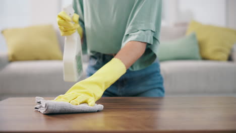 housekeeping, closeup and woman cleaning the table