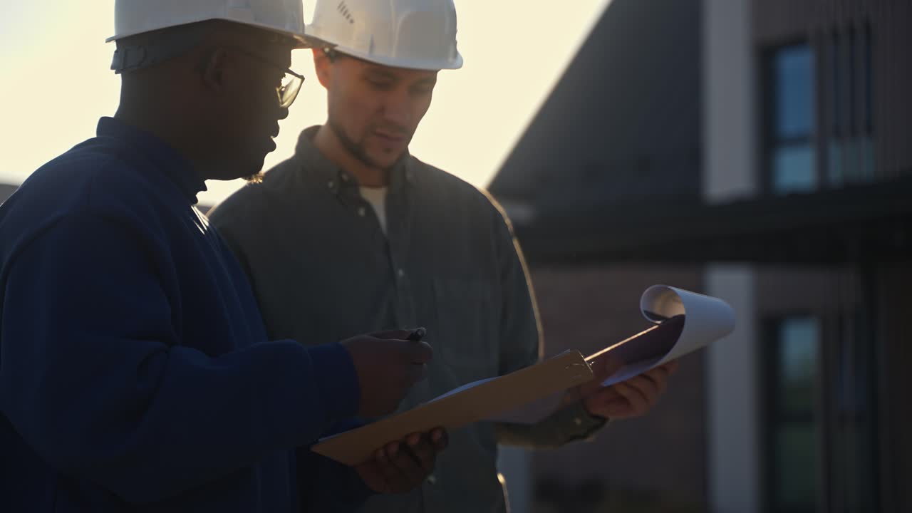 Construction Workers Reviewing Plans at a Construction Site