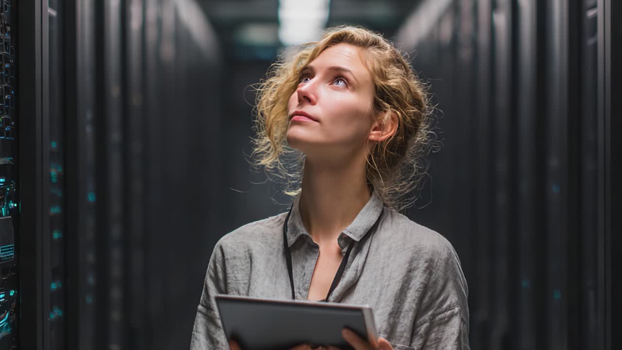 A Young Professional Woman Analyzes Data in a Modern Server Room, Holding a Tablet and Looking Up Thoughtfully Amidst High-Tech Infrastructure