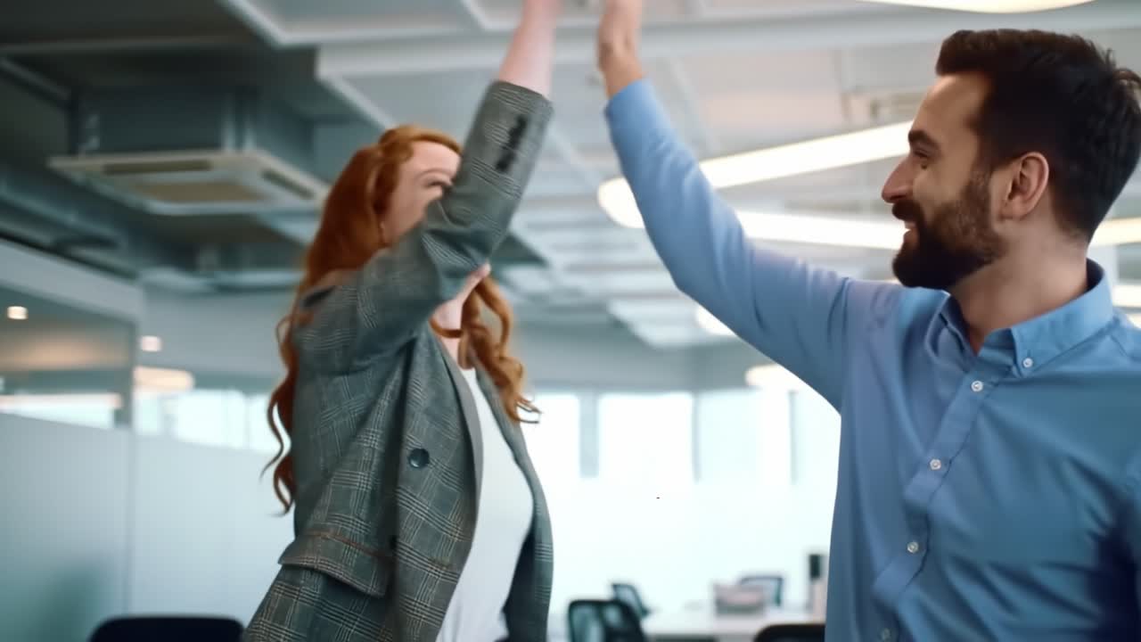 Colleagues express excitement and camaraderie in a contemporary office environment. They share a joyful moment, celebrating their achievements together.