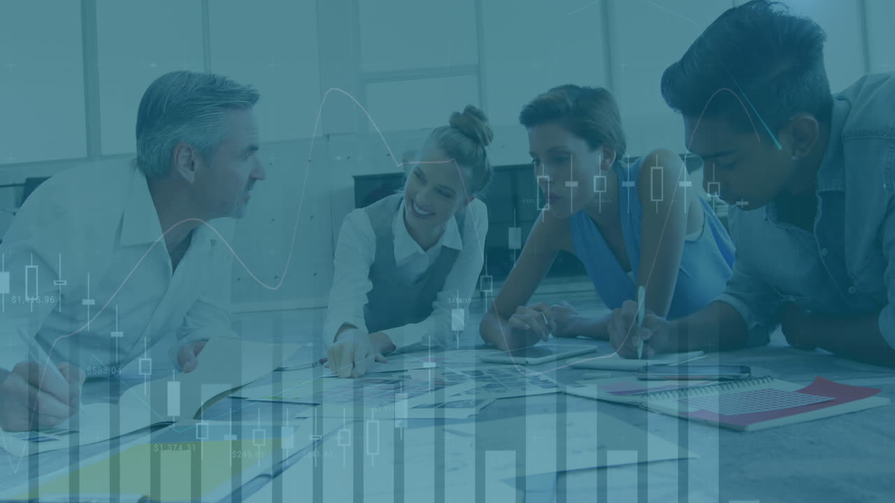 Animation of financial data processing over office colleagues discussing in meeting