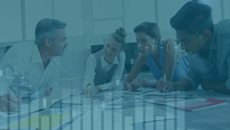 animation of financial data processing over office colleagues discussing in meeting
