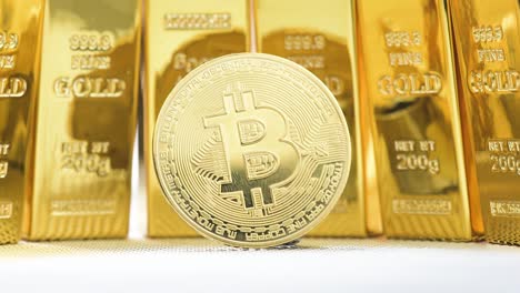 zoom out slow motion shot of front bit coins in front of many golden bricks or blocks