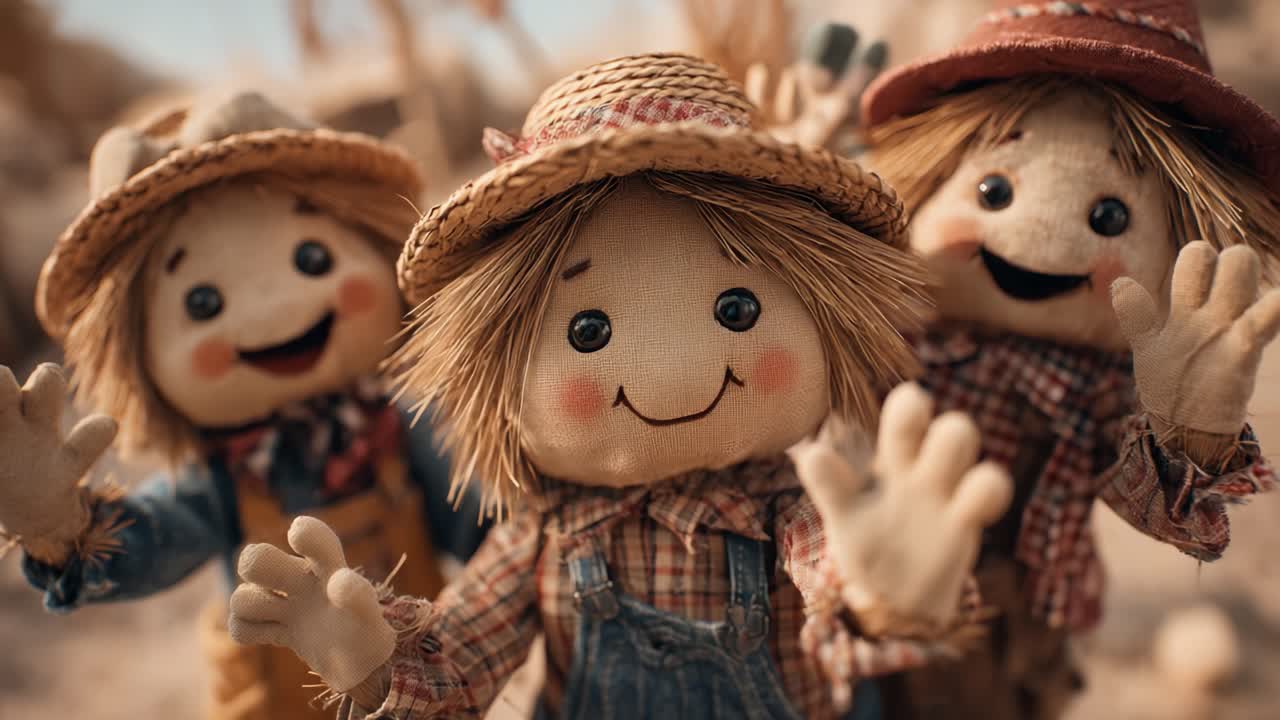 Charming Group of Friendly Fabric Dolls with Smiling Faces and Colorful Hats in a Whimsical Rural Setting, Perfectly Captured in Delightful Frames