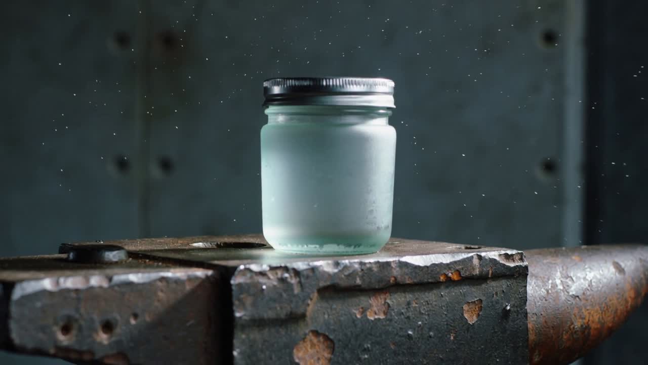 Camera zooming frosted jar enlarging on anvil dust drifting lighting showing residue for shop study