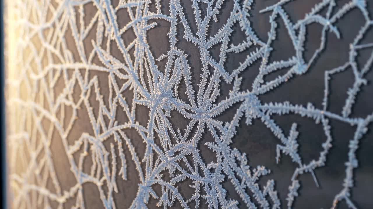 Close-up of intricate frost patterns on a window, captured at an oblique angle, creating a delicate