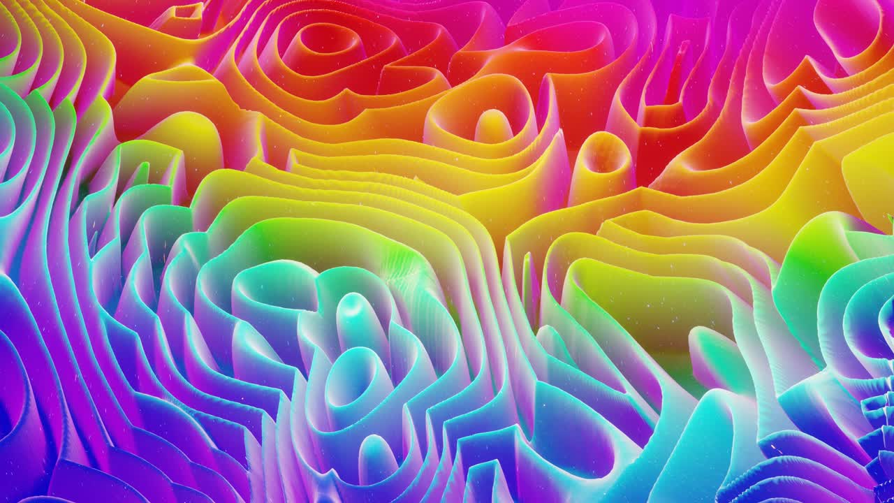 hermosa superficie abstracta en 3d con chispas de brillo, ondas extrudidas o desplazadas se transforman en bucle. gradiente de arco iris, material mate suave como la dulzura de la morfología o la mermelada con un ligero resplandor interno.