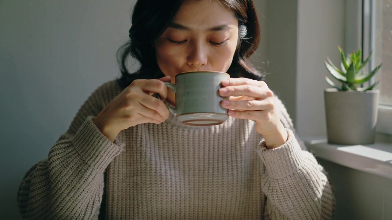Iniziando con le mani sulla tazza, una donna con maglione di lana solleva la tazza, sorseggia alla finestra, assaporando un dolce.